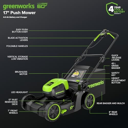 Greenworks 60V Brushless Cordless Push Lawn Mower – 17″ (43 cm) Deck, 4.0 Ah Battery & 3 A Rapid Charger, 40 Min Runtime - Image 19