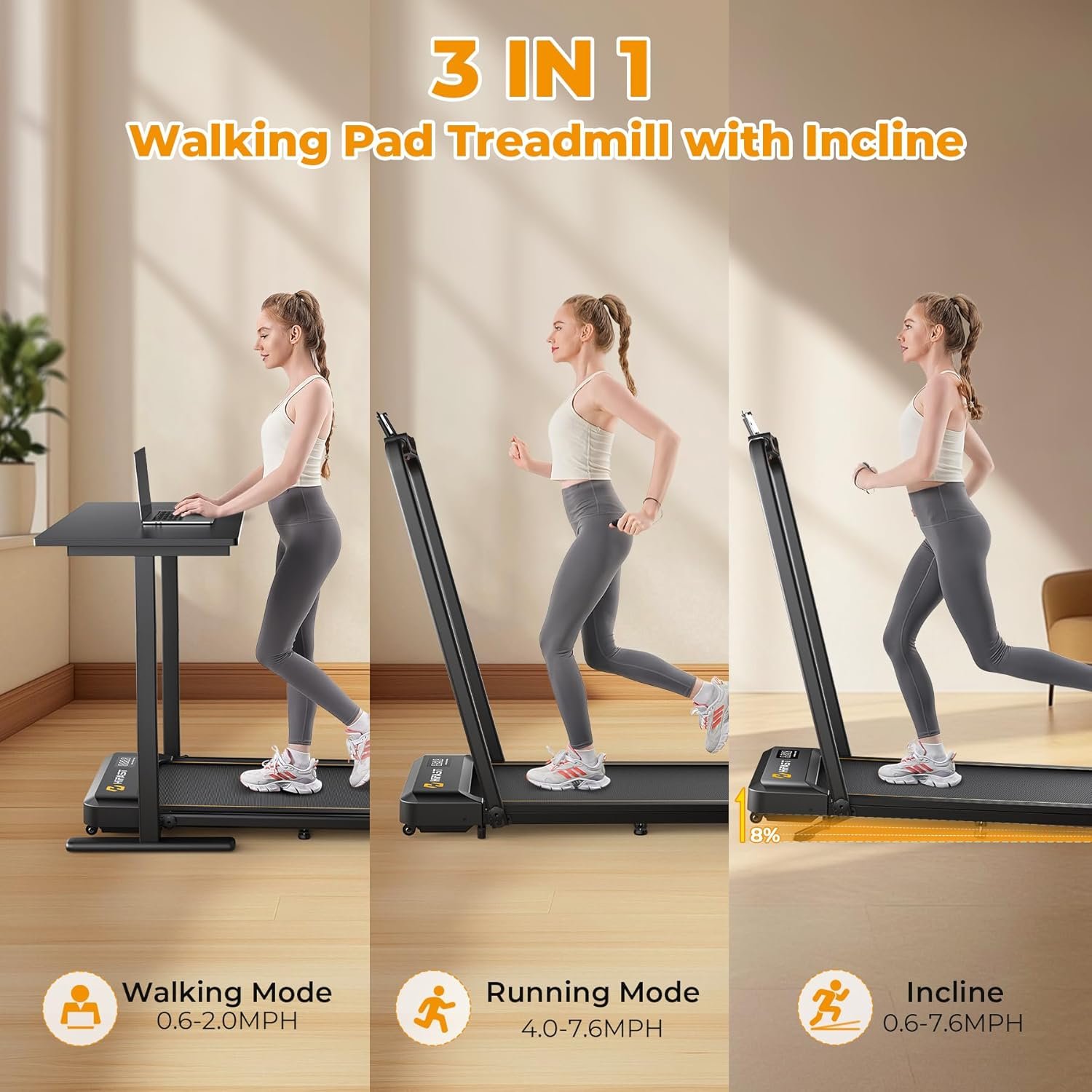 HiFast Under-Desk Walking Pad Treadmill – 0.6–7.6 MPH, 8% Incline, 300 lb Capacity, Foldable with Handle, Remote & App Control - Image 3