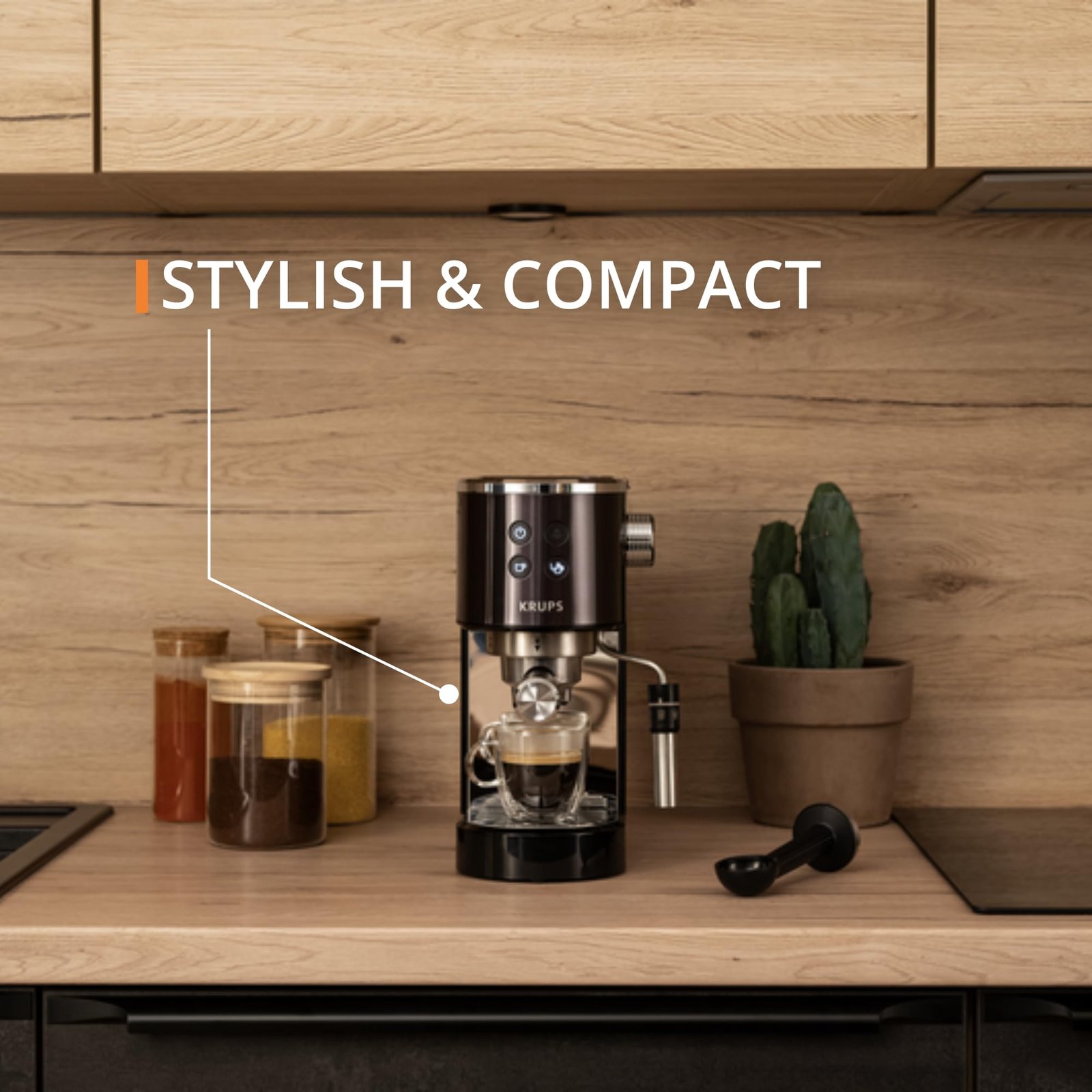 Krups Virtuoso+ XP444GG0 Pump Espresso Machine – Compact Design with Auto Flow-Stop & Dual-Mode Steam Wand, Black Stainless Steel - Image 5