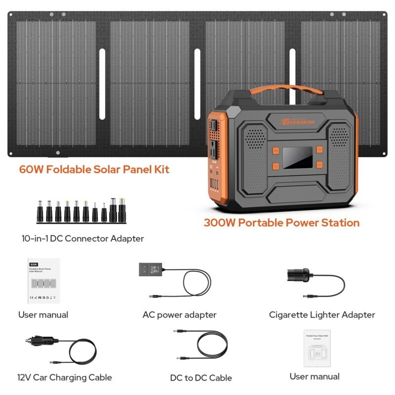 ZeroKor 300W Portable Solar Generator with 60W Foldable Panel – 280Wh Lithium Battery Power Station – Pure Sine Wave 110V AC/DC/USB Outlets – 5.1 lbs (2.3 kg) Lightweight – for RV, Home Backup, Camping - Image 16
