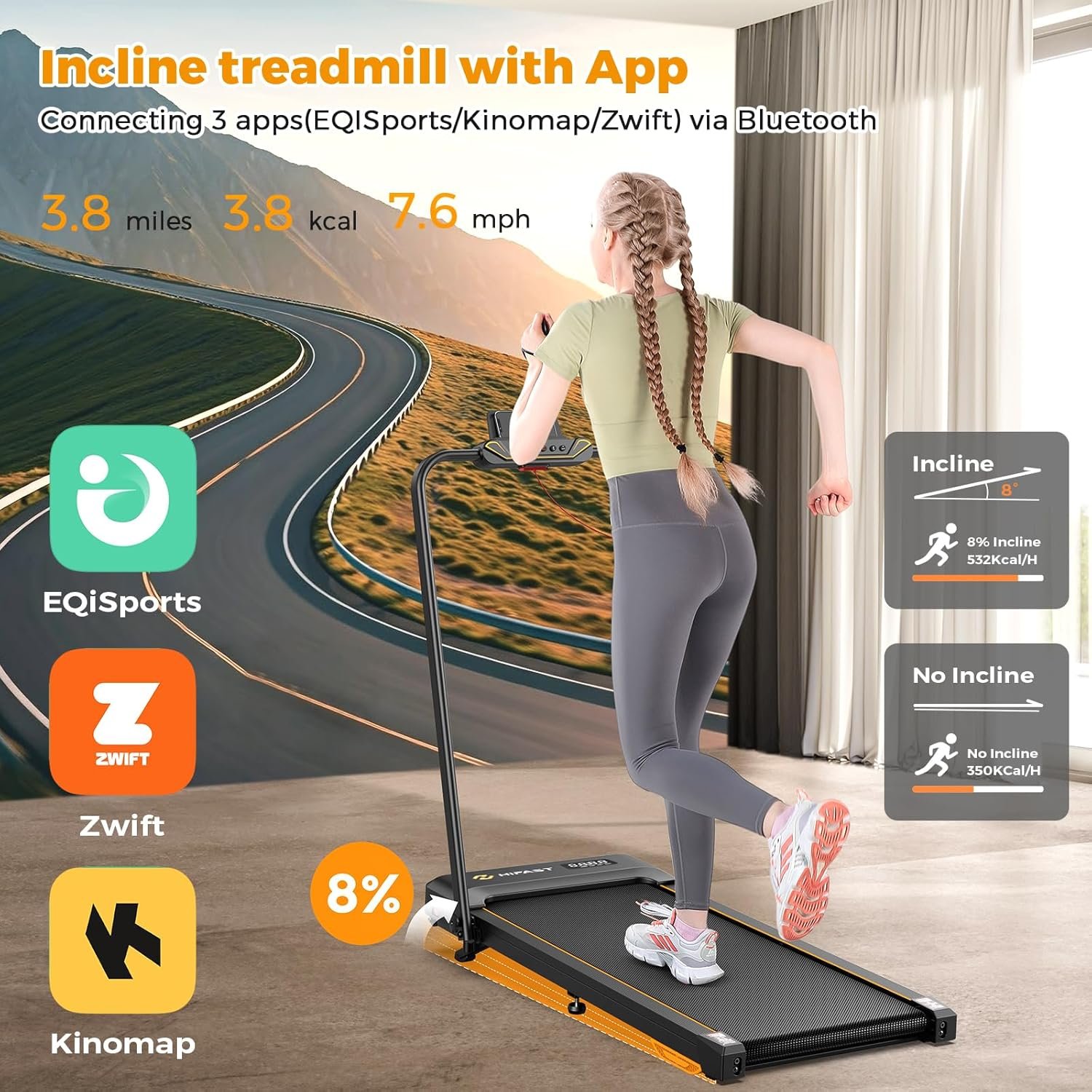 HiFast Under-Desk Walking Pad Treadmill – 0.6–7.6 MPH, 8% Incline, 300 lb Capacity, Foldable with Handle, Remote & App Control - Image 2