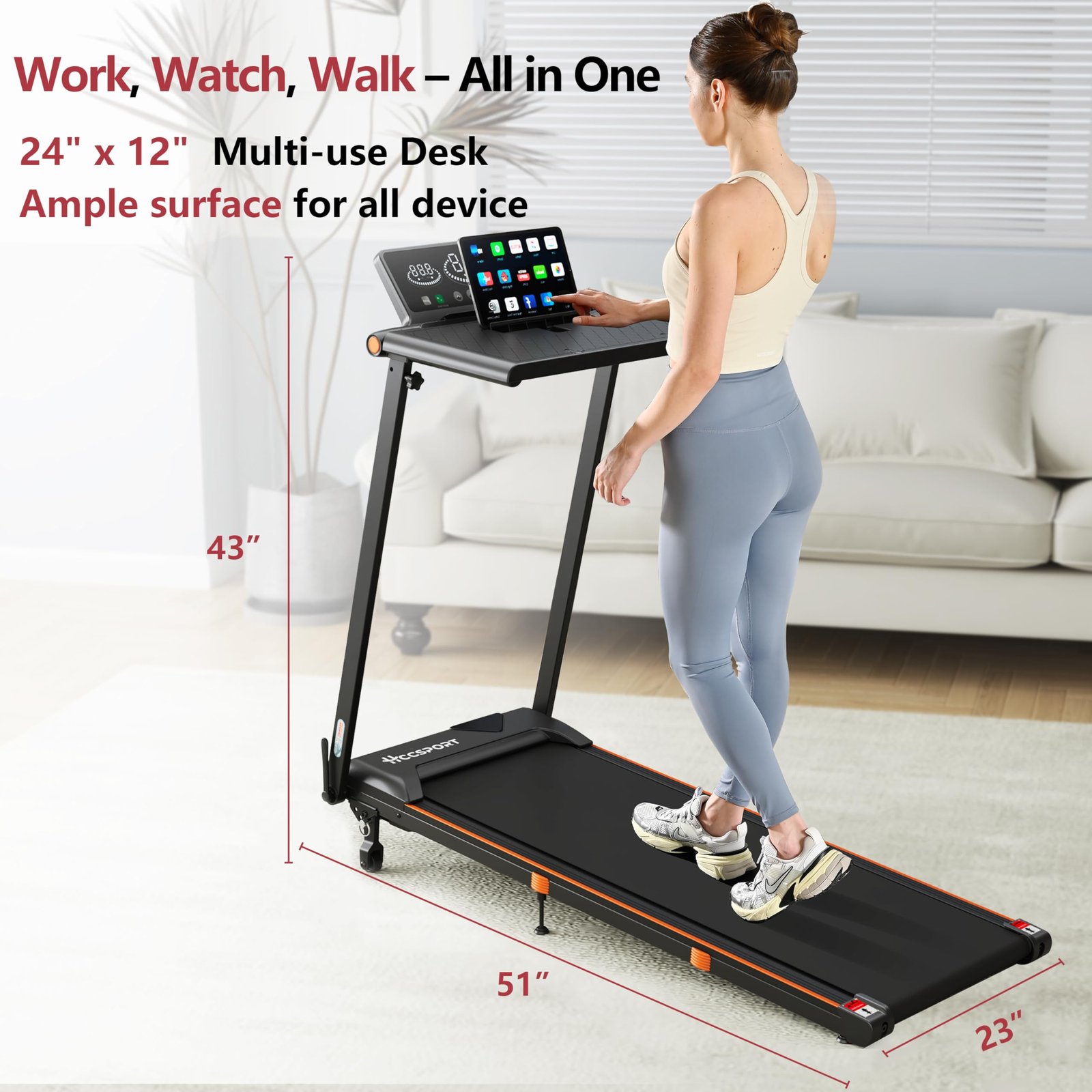 Hccsport 3-in-1 Under Desk Treadmill with Incline & Removable Desk – 3.5 HP Foldable Walking Pad, 0.6–8 MPH, 42.5″×16.5″ Belt, Wristband Remote - Image 11