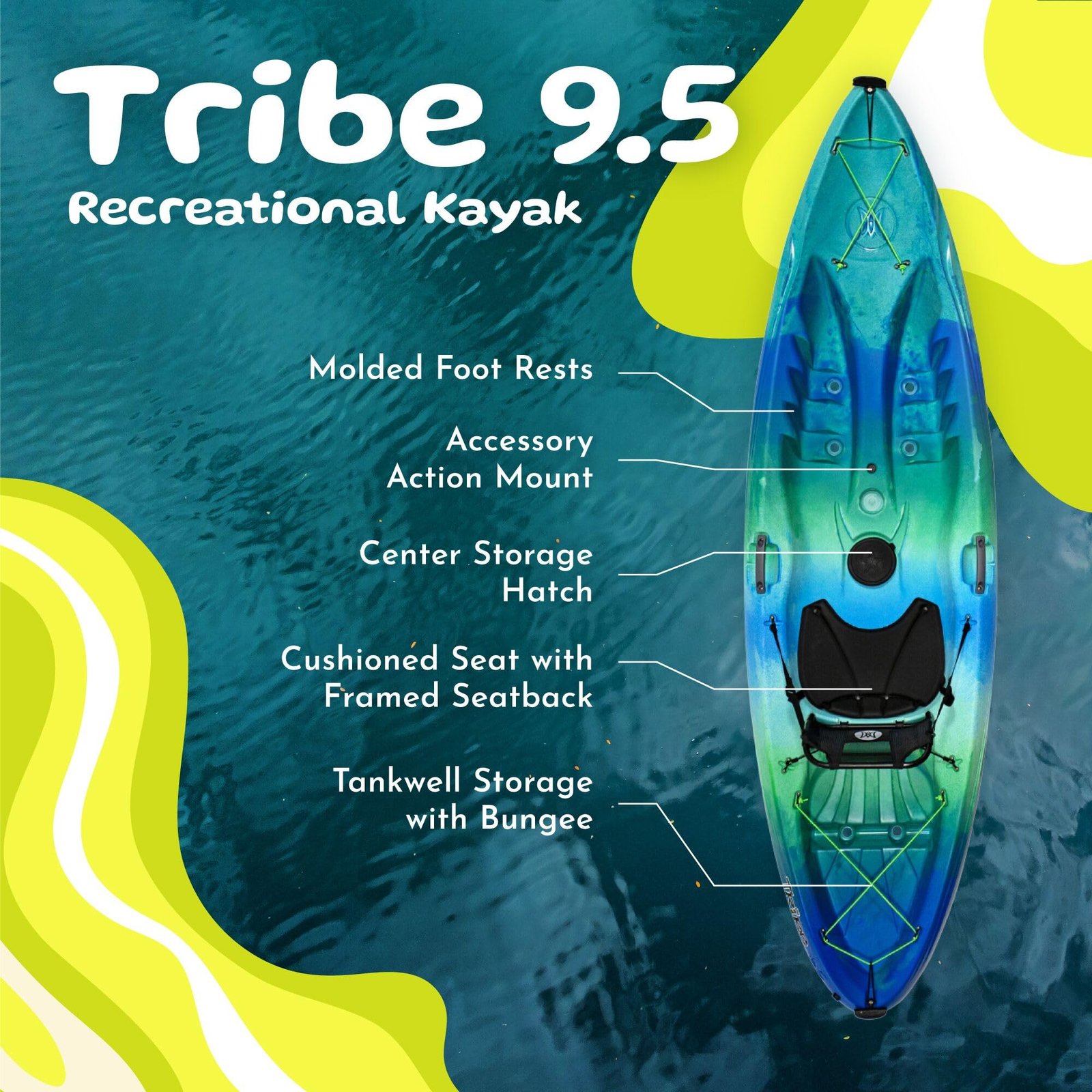 Perception Tribe 9.5′ Sit-On-Top Recreational Kayak – Adjustable Framed Seat & Ample Storage (Déjà Vu) - Image 6