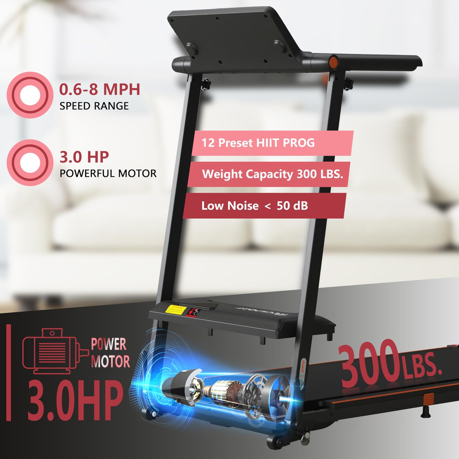Hccsport 3-in-1 Under Desk Treadmill with Incline & Removable Desk – 3.5 HP Foldable Walking Pad, 0.6–8 MPH, 42.5″×16.5″ Belt, Wristband Remote - Image 13
