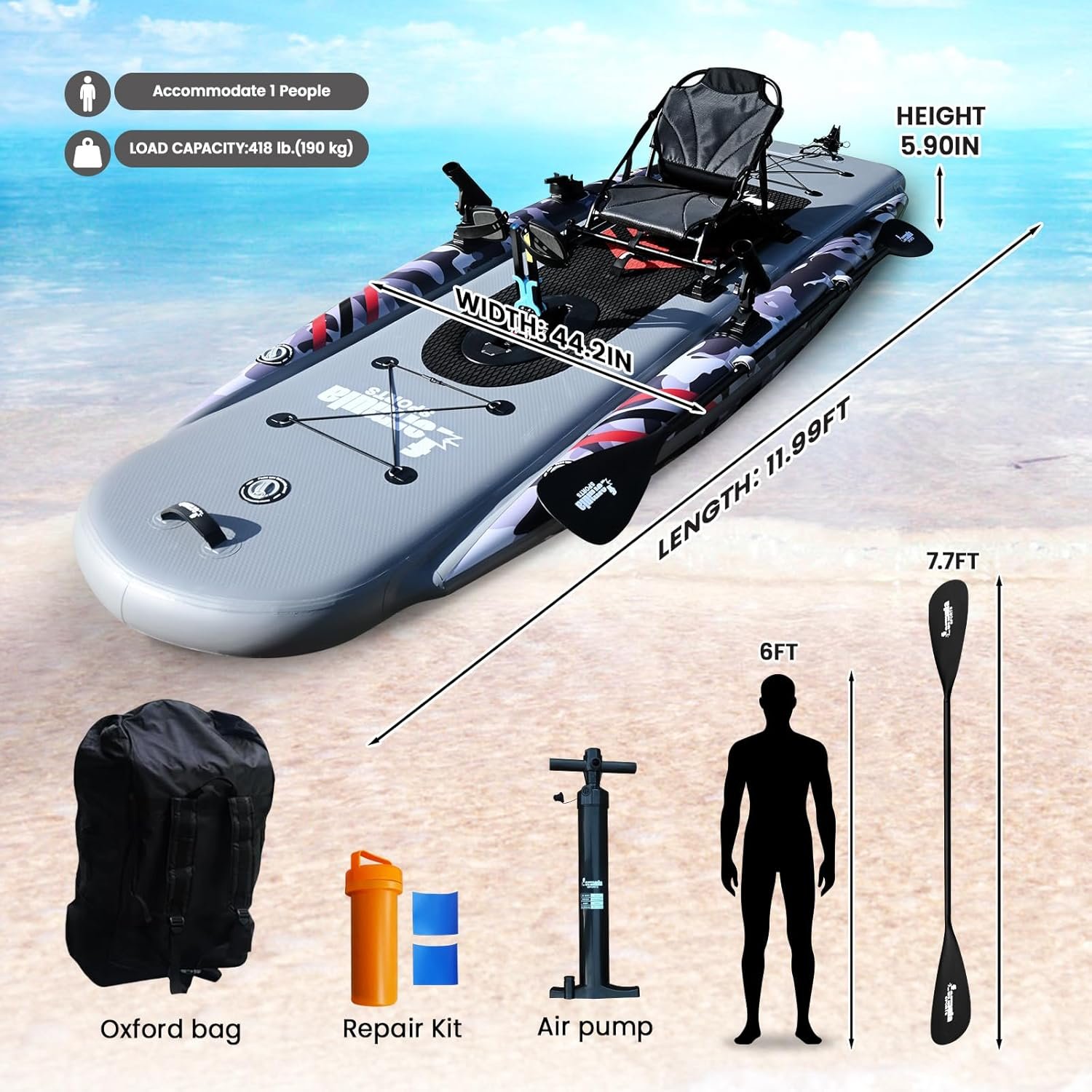 Formula Sports 1-Person Inflatable Pedal Drive Fishing Kayak – Folding PVC Kayak with Movable Seat, Pump, Paddle & Carry Bag, 410 lb Capacity - Image 5