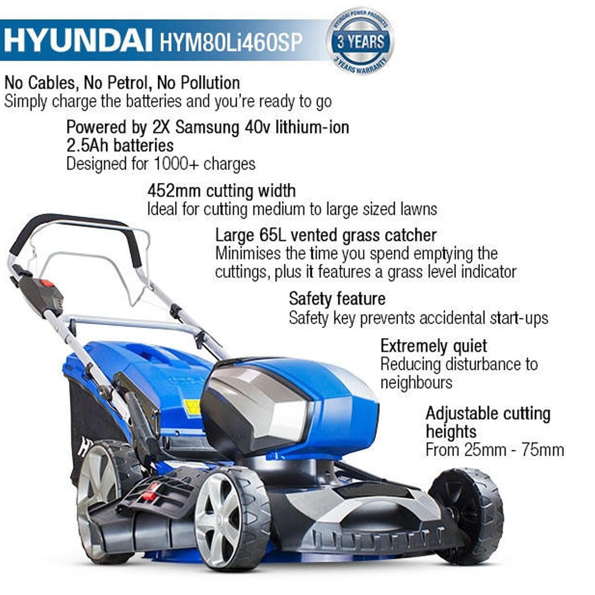 Hyundai HYM80Li460SP 80V Cordless Self Propelled Lawnmower 45cm 2 x Batteries & Charger