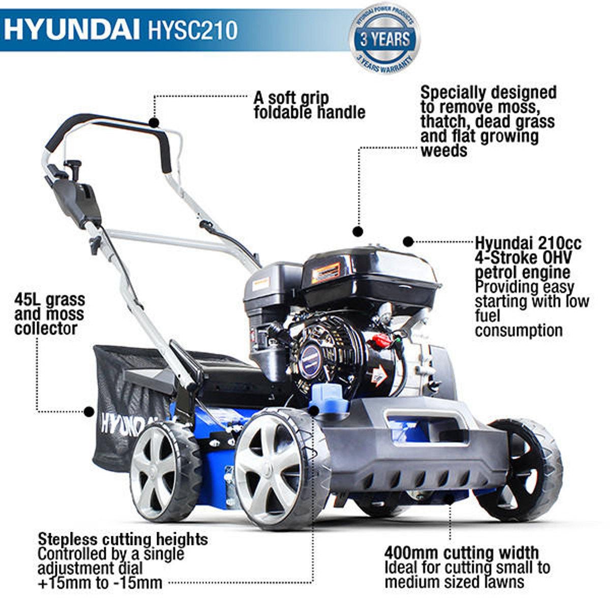 Hyundai HYSC210 40cm Petrol Lawn Scarifier & Aerator 212cc Engine, 4-Stroke Engine for Lawn Care & Maintenance