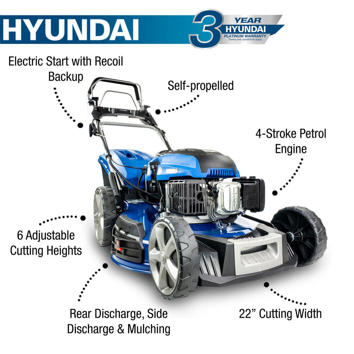 Hyundai HYM560SPE 4-in-1 Electric-Start Self-Propelled Petrol Lawnmower 56cm-196cc